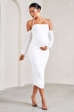 Pixie White Ruched Long-Sleeved Halter-Neck Maternity Midi Dress