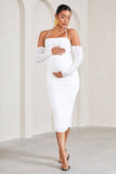 Pixie White Ruched Long-Sleeved Halter-Neck Maternity Midi Dress