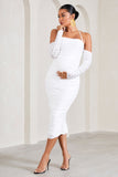 Pixie White Ruched Long-Sleeved Halter-Neck Maternity Midi Dress