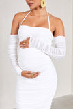 Pixie White Ruched Long-Sleeved Halter-Neck Maternity Midi Dress