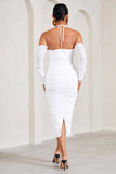 Pixie White Ruched Long-Sleeved Halter-Neck Maternity Midi Dress