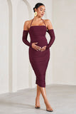 Pixie Burgundy Ruched Long-Sleeved Halter-Neck Maternity Midi Dress