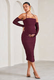 Pixie Burgundy Ruched Long-Sleeved Halter-Neck Maternity Midi Dress