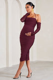 Pixie Burgundy Ruched Long-Sleeved Halter-Neck Maternity Midi Dress