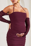 Pixie Burgundy Ruched Long-Sleeved Halter-Neck Maternity Midi Dress