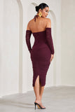 Pixie Burgundy Ruched Long-Sleeved Halter-Neck Maternity Midi Dress