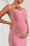 Loving Blush Pink Halter-Neck Maternity Maxi Dress With Flower Corsage