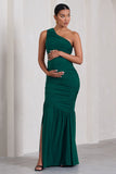 Make My Day Bottle Green One-Shoulder Ruched Split Maternity Maxi Dress