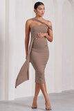 Just Wait Mocha Asymmetric Strappy Maternity Midi Dress With Drape