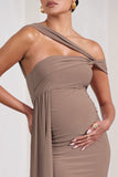 Just Wait Mocha Asymmetric Strappy Maternity Midi Dress With Drape