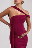 Just Wait Berry Asymmetric Strappy Maternity Midi Dress With Drape