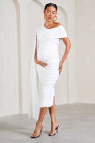 Serenity White Ruched Asymmetric Maternity Midi Dress With Cape