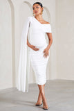 Serenity White Ruched Asymmetric Maternity Midi Dress With Cape