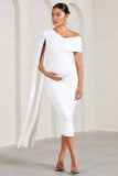 Serenity White Ruched Asymmetric Maternity Midi Dress With Cape