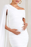 Serenity White Ruched Asymmetric Maternity Midi Dress With Cape