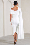 Serenity White Ruched Asymmetric Maternity Midi Dress With Cape