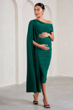 Serenity Bottle Green Ruched Asymmetric Maternity Midi Dress With Cape