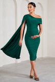 Serenity Bottle Green Ruched Asymmetric Maternity Midi Dress With Cape