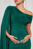 Serenity Bottle Green Ruched Asymmetric Maternity Midi Dress With Cape