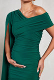 Serenity Bottle Green Ruched Asymmetric Maternity Midi Dress With Cape