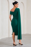 Serenity Bottle Green Ruched Asymmetric Maternity Midi Dress With Cape
