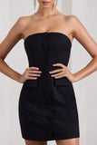 Rina Black Strapless Tailored Mini Dress With Button Front