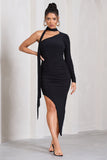 Firestorm Black Asymmetric One-Sleeved Midi Dress With Scarf