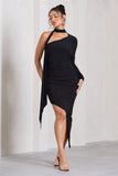 Firestorm Black Asymmetric One-Sleeved Midi Dress With Scarf