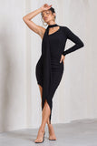 Firestorm Black Asymmetric One-Sleeved Midi Dress With Scarf
