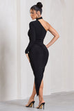 Firestorm Black Asymmetric One-Sleeved Midi Dress With Scarf