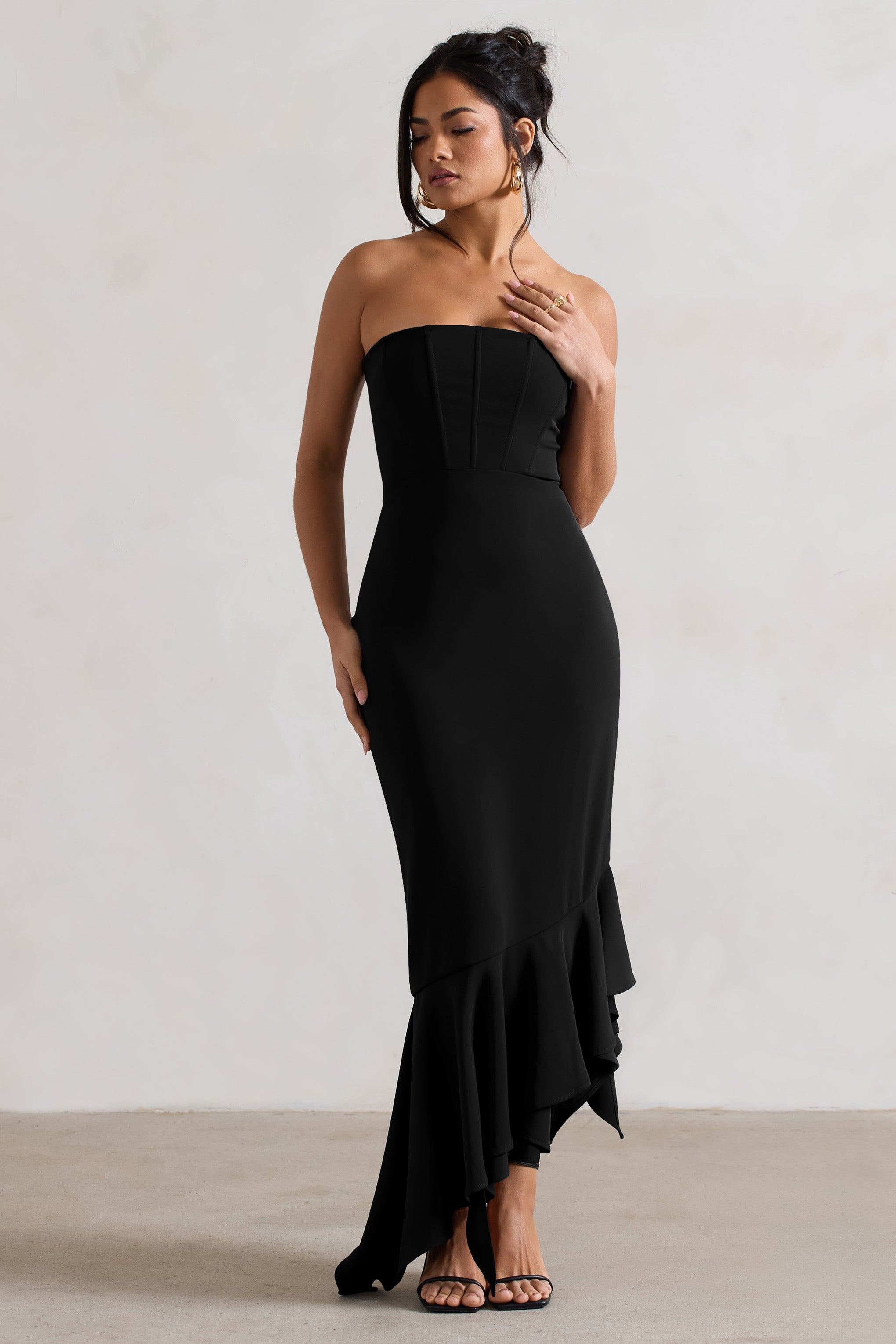 Sandy Black Strapless Corset Asymmetric Maxi Dress
