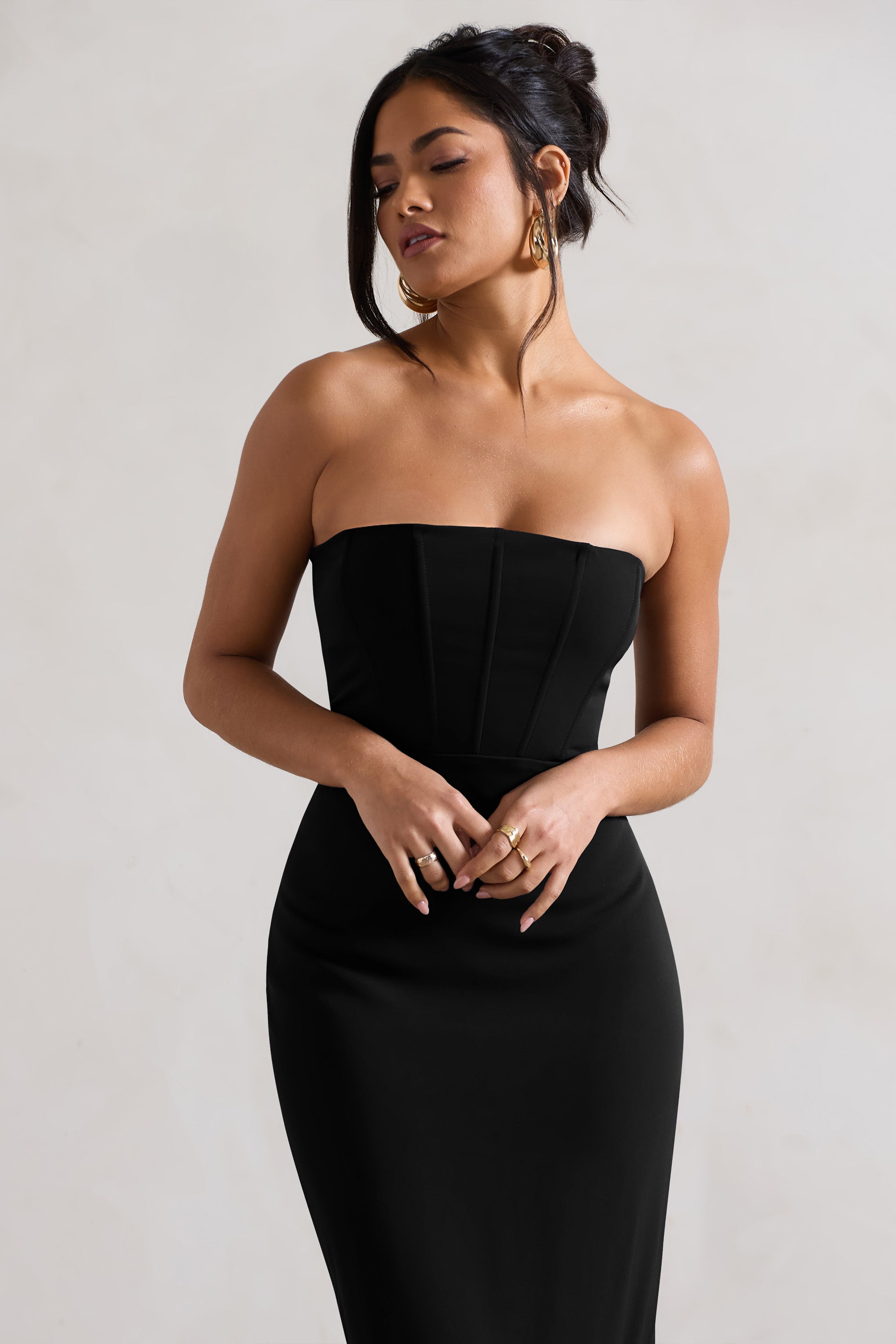 Sandy Black Strapless Corset Asymmetric Maxi Dress