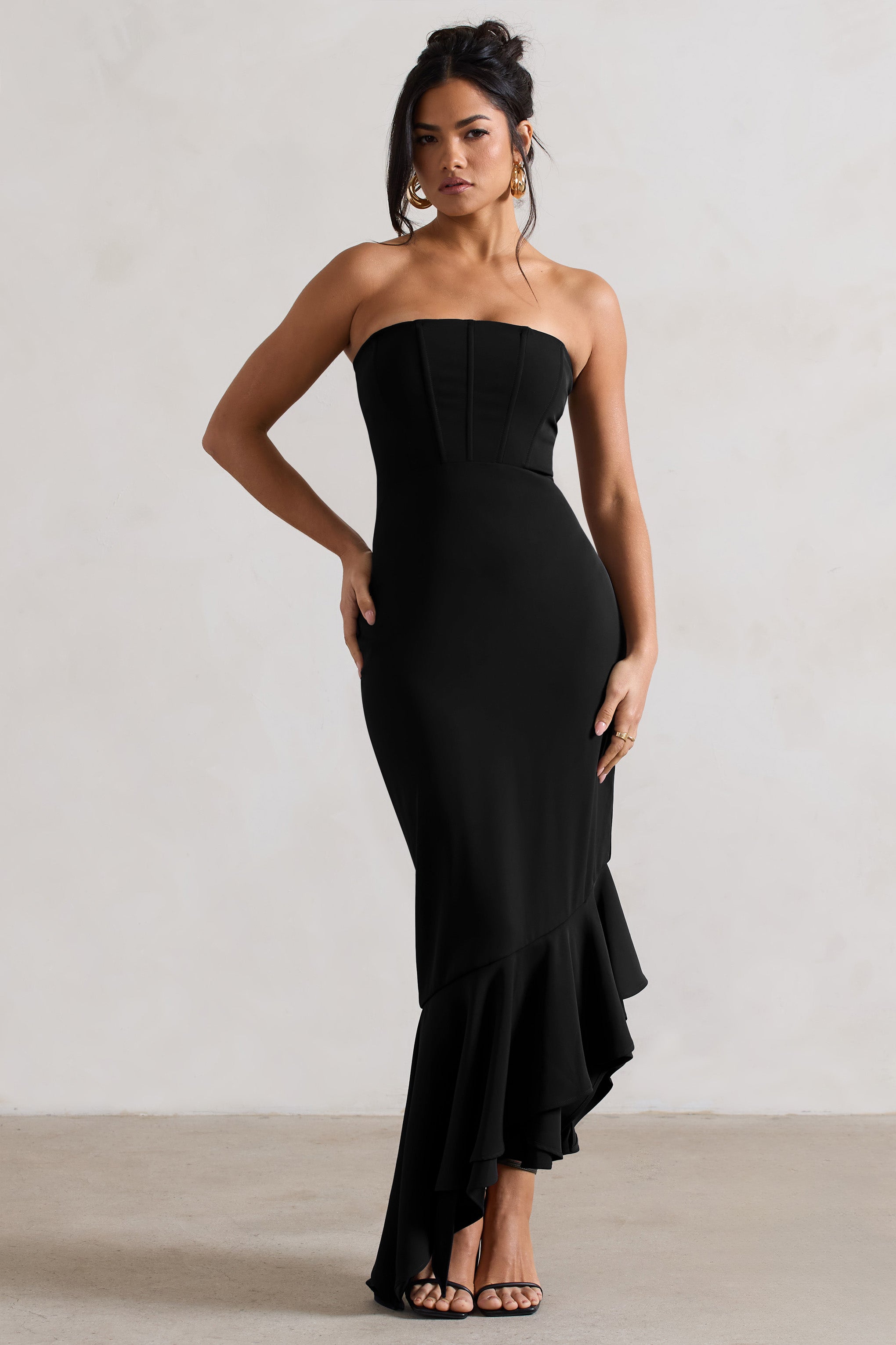 Sandy Black Strapless Corset Asymmetric Maxi Dress