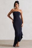 Sandy Navy Strapless Corset Asymmetric Maxi Dress