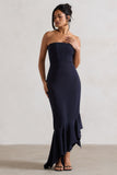 Sandy Navy Strapless Corset Asymmetric Maxi Dress