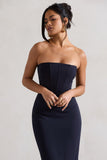Sandy Navy Strapless Corset Asymmetric Maxi Dress