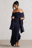 Sandy Navy Strapless Corset Asymmetric Maxi Dress