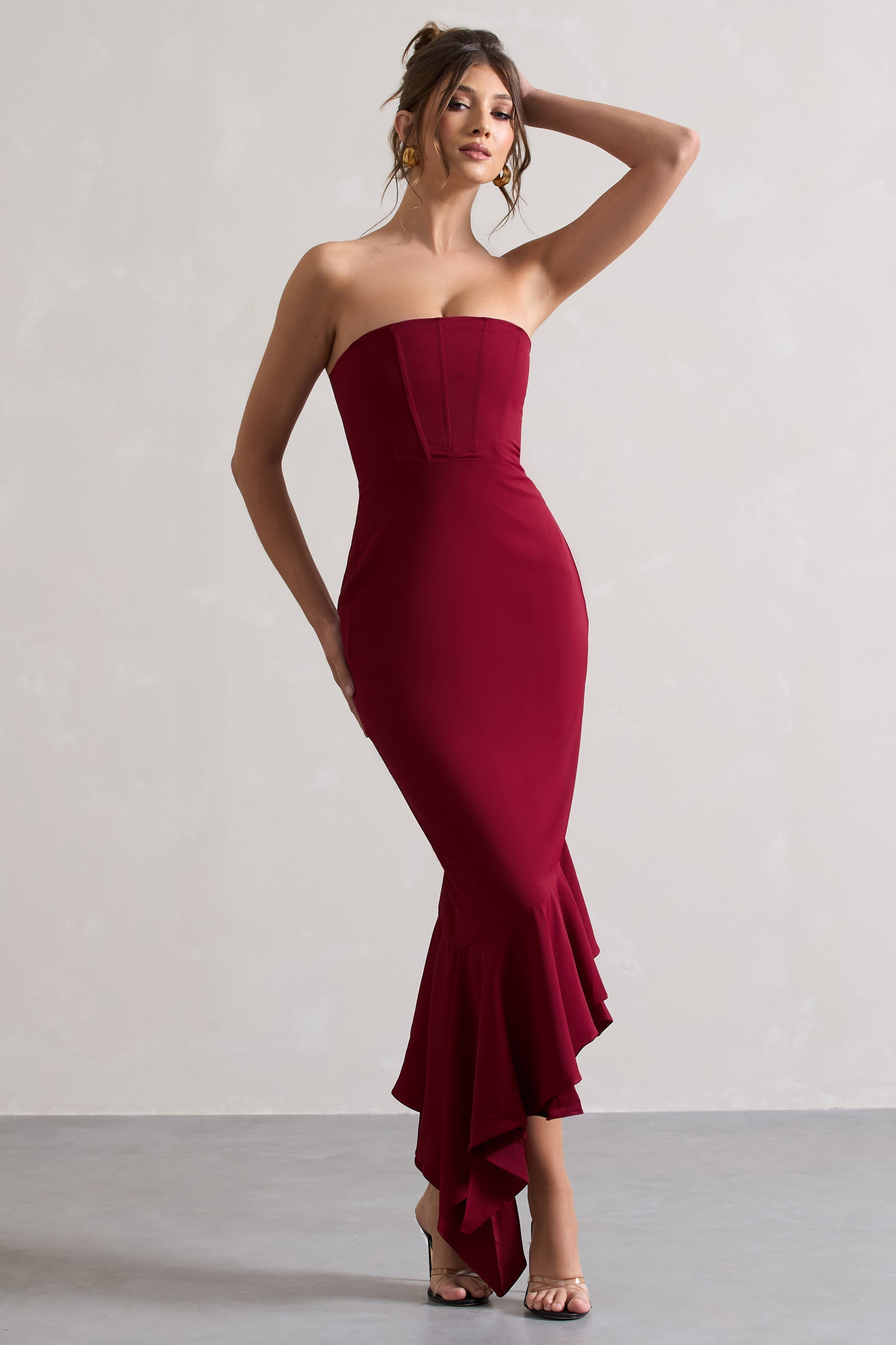 Sandy Berry Strapless Corset Asymmetric Maxi Dress