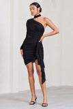 Swirling Black Ruched One-Sleeved Mini Dress With Ruffle