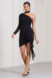 Swirling Black Ruched One-Sleeved Mini Dress With Ruffle