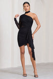Swirling Black Ruched One-Sleeved Mini Dress With Ruffle