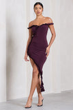 Deserted Plum Bardot Frilled Asymmetric Midi Dress