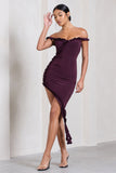 Deserted Plum Bardot Frilled Asymmetric Midi Dress