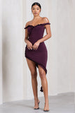 Deserted Plum Bardot Frilled Asymmetric Midi Dress