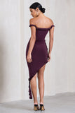 Deserted Plum Bardot Frilled Asymmetric Midi Dress