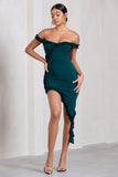 Deserted Petrol Blue Bardot Frilled Asymmetric Midi Dress