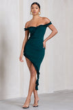 Deserted Petrol Blue Bardot Frilled Asymmetric Midi Dress