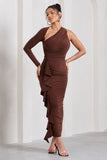 Compass Brown One-Sleeved Cut-Out Maxi Dress With Ruffle