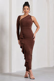Compass Brown One-Sleeved Cut-Out Maxi Dress With Ruffle