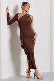 Compass Brown One-Sleeved Cut-Out Maxi Dress With Ruffle